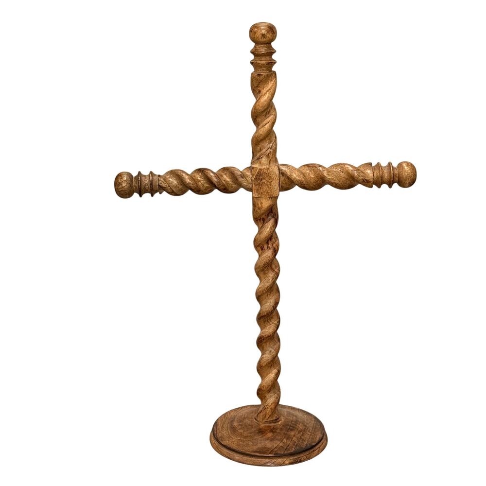 Vintage Wooden Barley Twist Cross with Base | Hand-Carved Holy Cross Decor